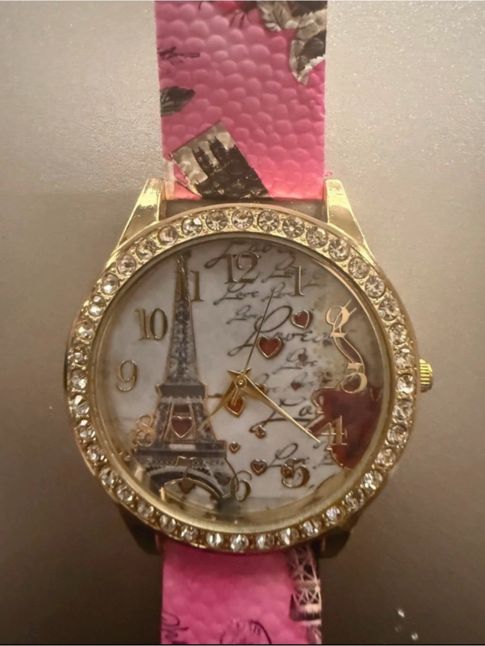 Gold-Tone Paris Heart Dial Watch with Pink Strap